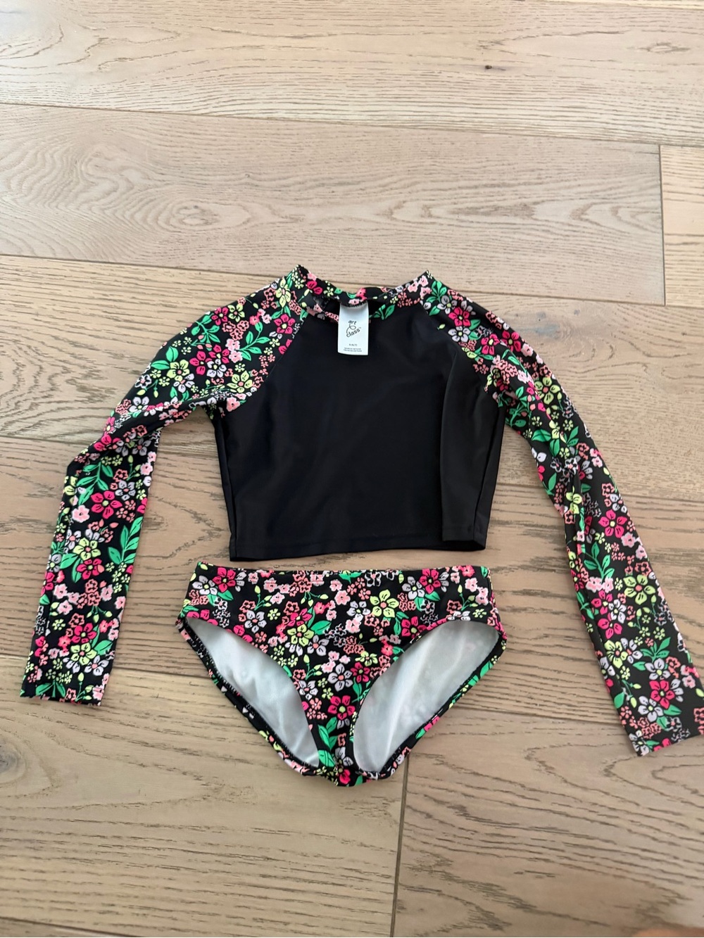 Art Class Girls' Black Floral Long-Sleeve Rash Guard Swim Set 6/7